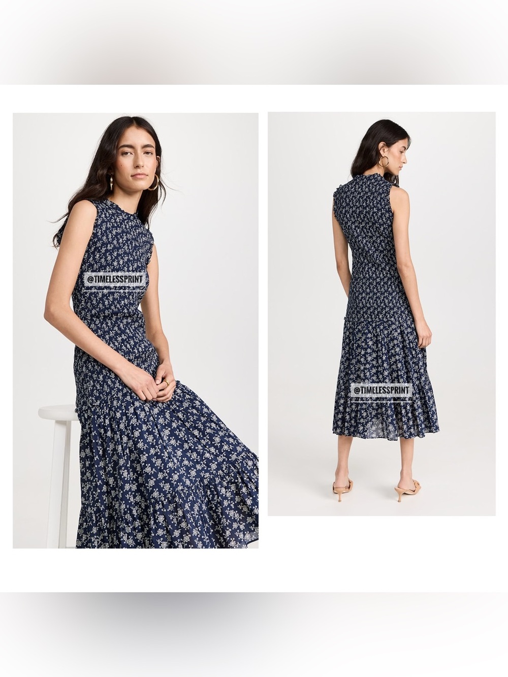 Veronica Beard Verena Floral Blue Smocked Elastic Bodice Ruffle Tiered Dress